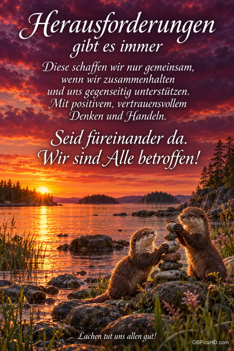 Zwei Otter stapeln Steine am See im Sonnenuntergang: "Seid füreinander da."