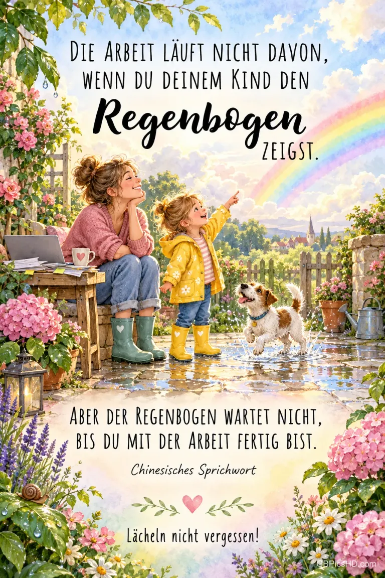 Ein Kind zeigt neben seiner Mutter und einem Hund auf einen Regenbogen: "Lächeln nicht vergessen!"