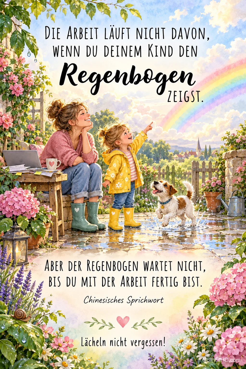Ein Kind zeigt neben seiner Mutter und einem Hund auf einen Regenbogen: "Lächeln nicht vergessen!"
