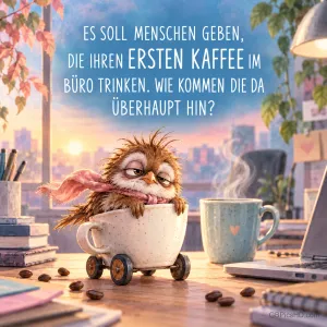 Eine müde Eule sitzt in einer Tasse auf Rädern am Schreibtisch: "Wie kommen die da überhaupt hin?"