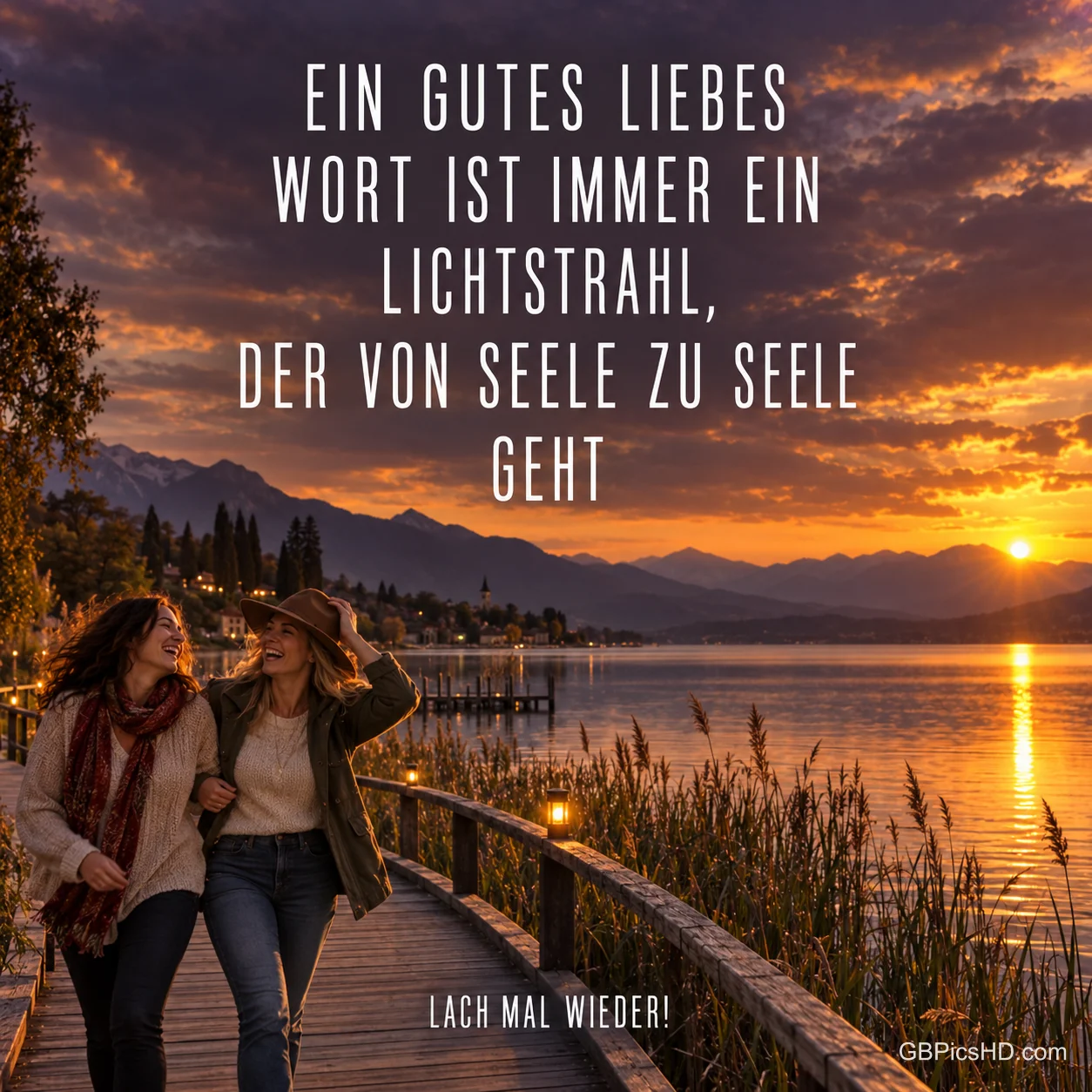 Zwei Frauen gehen am See bei Sonnenuntergang spazieren: "Lach mal wieder!"