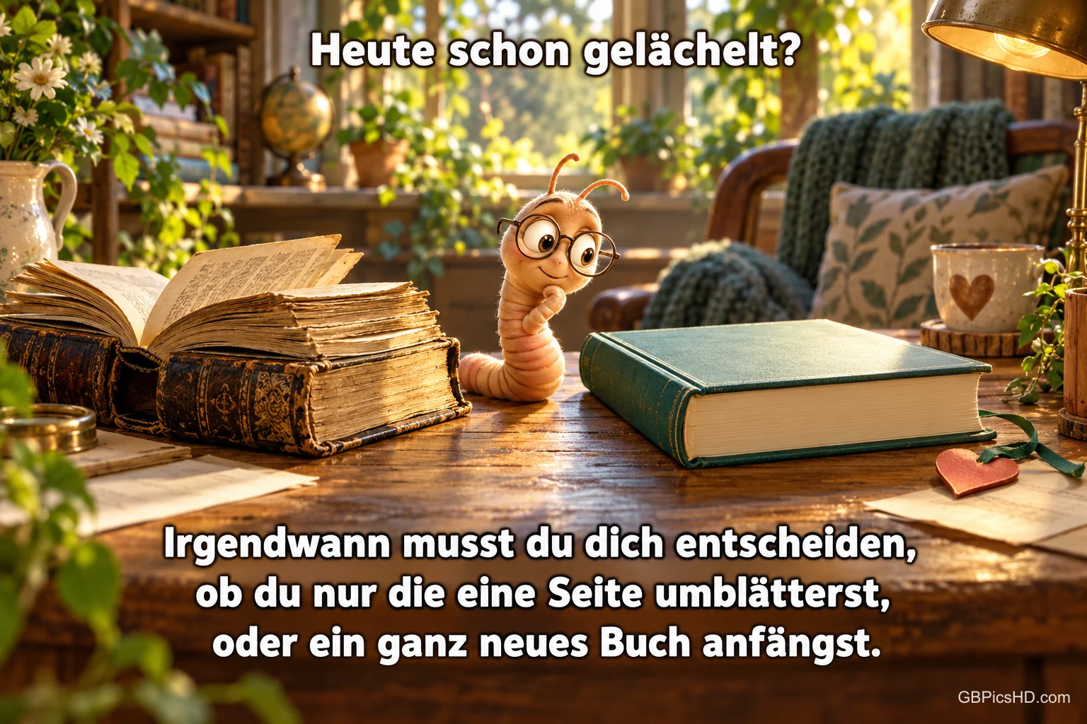 Ein Bücherwurm mit Brille sitzt zwischen einem offenen und einem geschlossenen Buch: "Heute schon gelächelt?"