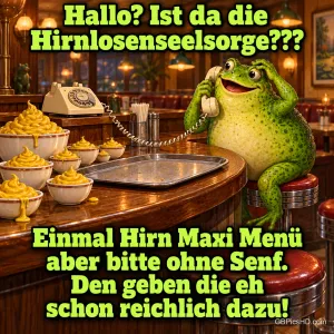 Ein Frosch telefoniert am Tresen neben Schalen mit Senf: "Hallo? Ist da die Hirnlosenseelsorge???"