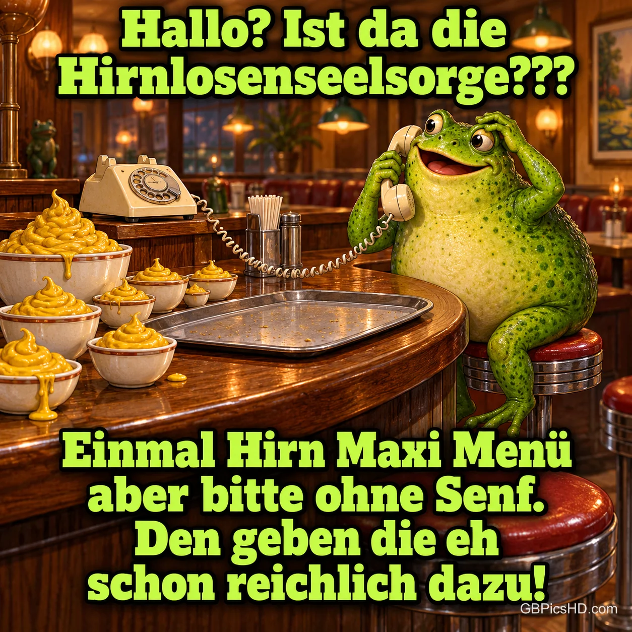 Ein Frosch telefoniert am Tresen neben Schalen mit Senf: "Hallo? Ist da die Hirnlosenseelsorge???" Ein Frosch telefoniert am Tresen neben Schalen mit Senf: "Hallo? Ist da die Hirnlosenseelsorge???"