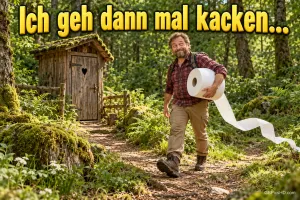 Ein Mann trägt eine große Toilettenpapierrolle zu einem Holzhäuschen im Wald: "Ich geh dann mal kacken..."