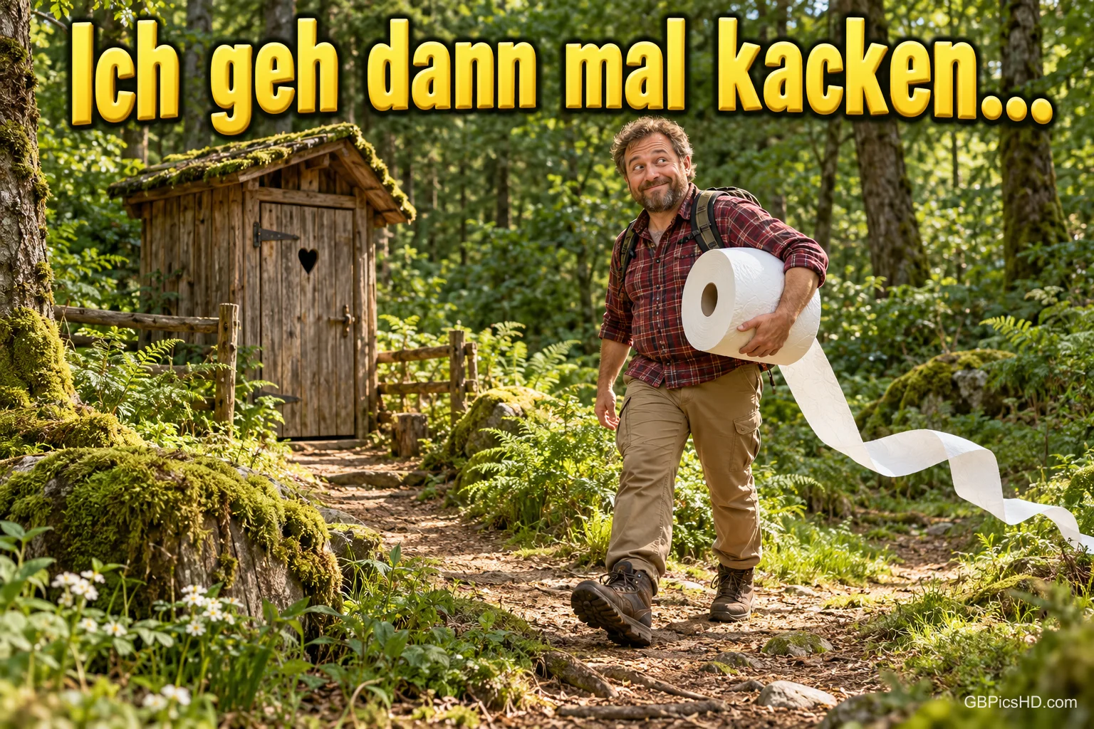 Ein Mann trägt eine große Toilettenpapierrolle zu einem Holzhäuschen im Wald: "Ich geh dann mal kacken..."