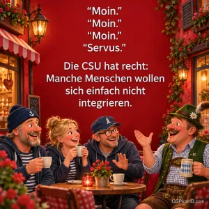Vier lachende Menschen sitzen mit Tassen an einem Tisch vor einer roten Hauswand; darüber steht "Moin." und "Servus.".