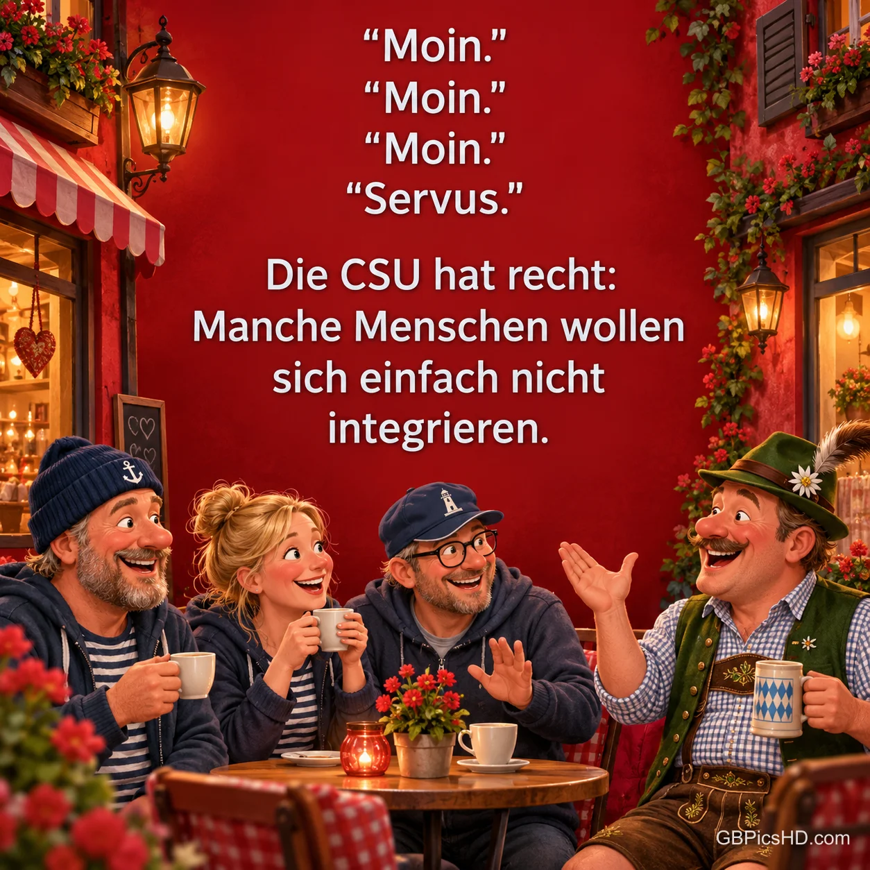 Vier lachende Menschen sitzen mit Tassen an einem Tisch vor einer roten Hauswand; darüber steht "Moin." und "Servus.".