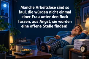 Ein Mann liegt mit Fernbedienung im Sessel, daneben schläft eine Katze; darüber steht "Manche Arbeitslose sind so faul".