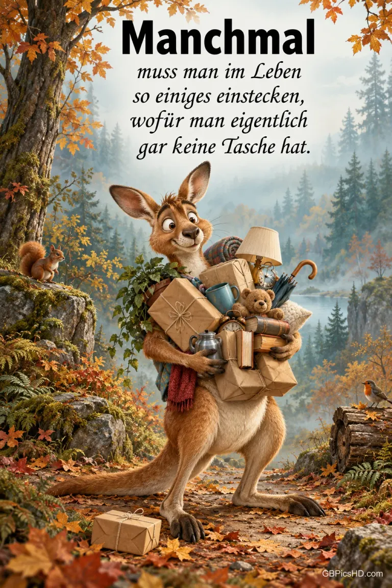 Ein Känguru trägt Pakete und viele Gegenstände im Herbstwald; darüber steht "Manchmal muss man im Leben so einiges einstecken".