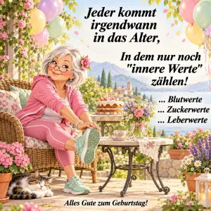 Eine grauhaarige Frau im rosa Trainingsanzug bindet ihren Schuh neben Geburtstagstorte, Ballons und Katze: "Alles Gute zum Geburtstag!".