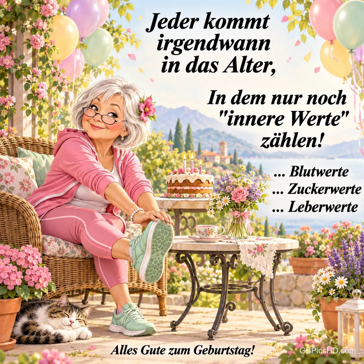 Eine grauhaarige Frau im rosa Trainingsanzug bindet ihren Schuh neben Geburtstagstorte, Ballons und Katze: "Alles Gute zum Geburtstag!". Eine grauhaarige Frau im rosa Trainingsanzug bindet ihren Schuh neben Geburtstagstorte, Ballons und Katze: "Alles Gute zum Geburtstag!".