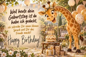 Eine lachende Giraffe mit Blumenkranz beugt sich neben Torte, Geschenken und Ballons; links steht "Weil heute dein Geburtstag ist".