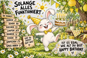 Ein Hase mit Partyhut hält eine Geburtstagstorte im Blumengarten; dazu steht "Happy Birthday".