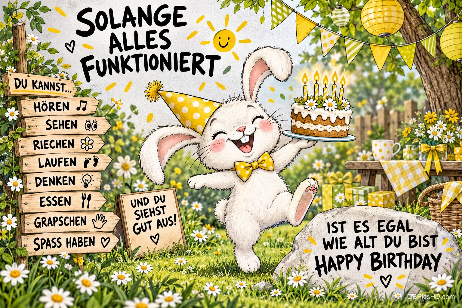 Ein Hase mit Partyhut hält eine Geburtstagstorte im Blumengarten; dazu steht "Happy Birthday".