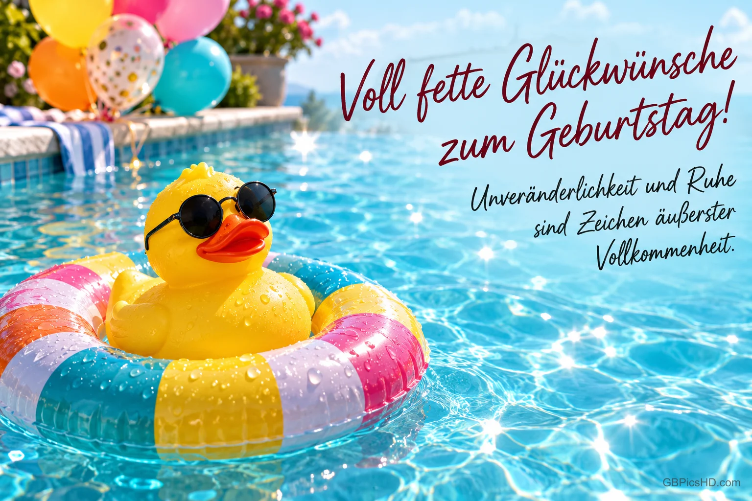 Eine gelbe Gummiente mit Sonnenbrille schwimmt im bunten Schwimmring im Pool neben "Voll fette Glückwünsche zum Geburtstag!". Eine gelbe Gummiente mit Sonnenbrille schwimmt im bunten Schwimmring im Pool neben "Voll fette Glückwünsche zum Geburtstag!".