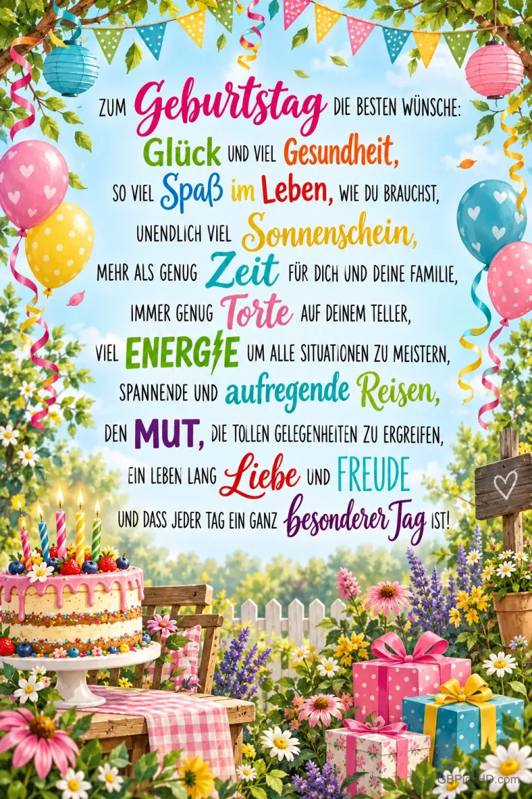 Torte, Geschenke und Luftballons schmücken einen Blumengarten mit dem Text "Zum Geburtstag die besten Wünsche".