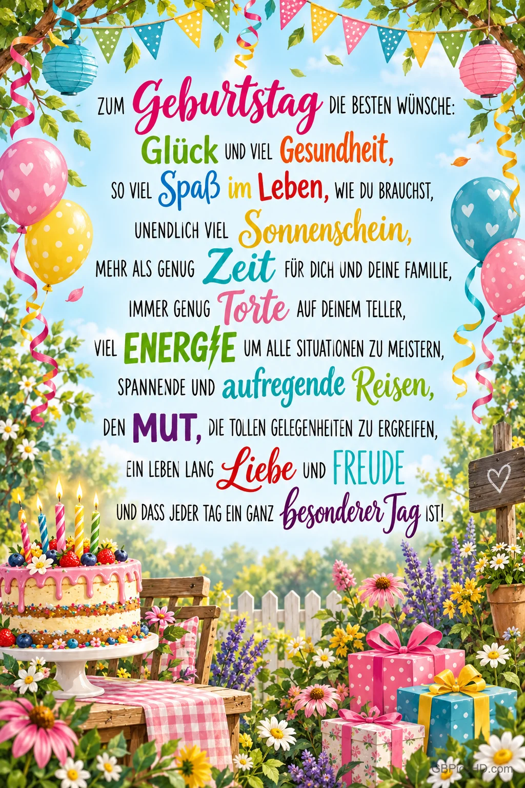 Torte, Geschenke und Luftballons schmücken einen Blumengarten mit dem Text "Zum Geburtstag die besten Wünsche". Torte, Geschenke und Luftballons schmücken einen Blumengarten mit dem Text "Zum Geburtstag die besten Wünsche".