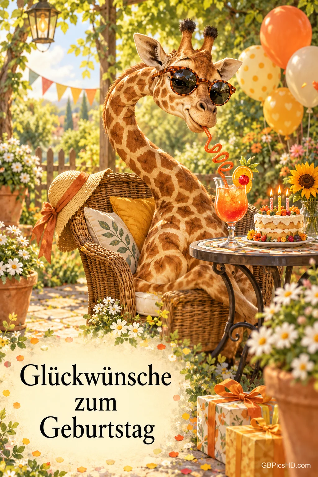 Eine Giraffe mit Sonnenbrille sitzt neben Torte und Getränk im Garten mit dem Text "Glückwünsche zum Geburtstag". Eine Giraffe mit Sonnenbrille sitzt neben Torte und Getränk im Garten mit dem Text "Glückwünsche zum Geburtstag".