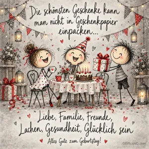 Drei gezeichnete Figuren feiern mit Torte und Geschenk am Tisch; darunter steht "Alles Gute zum Geburtstag!".