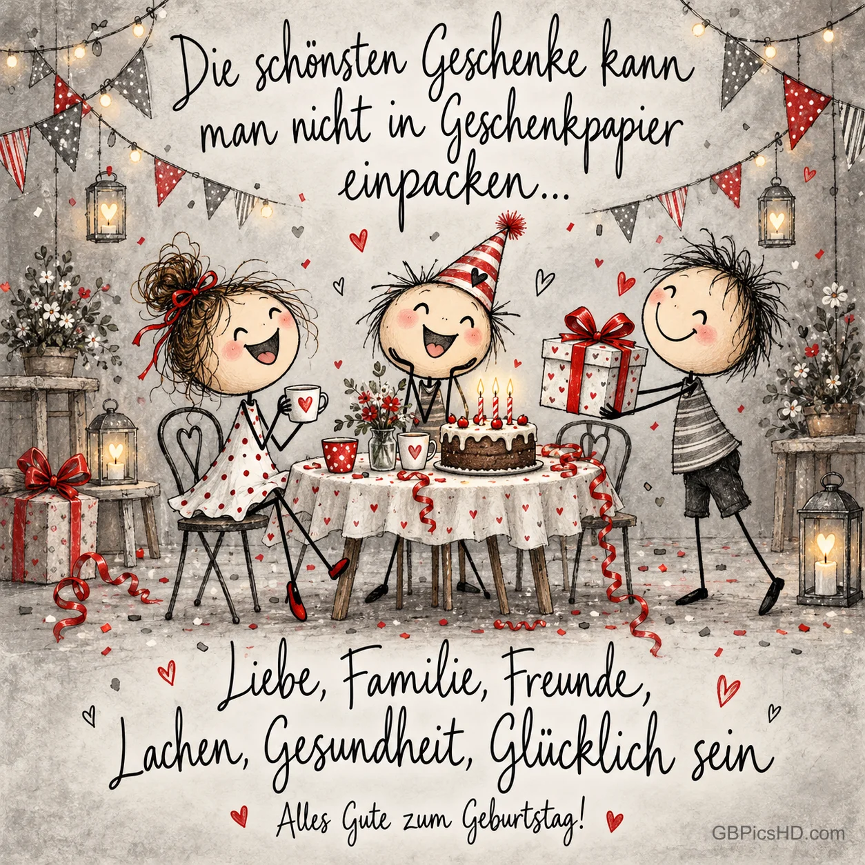 Drei gezeichnete Figuren feiern mit Torte und Geschenk am Tisch; darunter steht "Alles Gute zum Geburtstag!". Drei gezeichnete Figuren feiern mit Torte und Geschenk am Tisch; darunter steht "Alles Gute zum Geburtstag!".