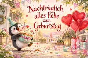 Ein Pinguin trägt einen großen Cupcake neben roten Herzballons mit dem Text "Nachträglich alles Liebe zum Geburtstag".