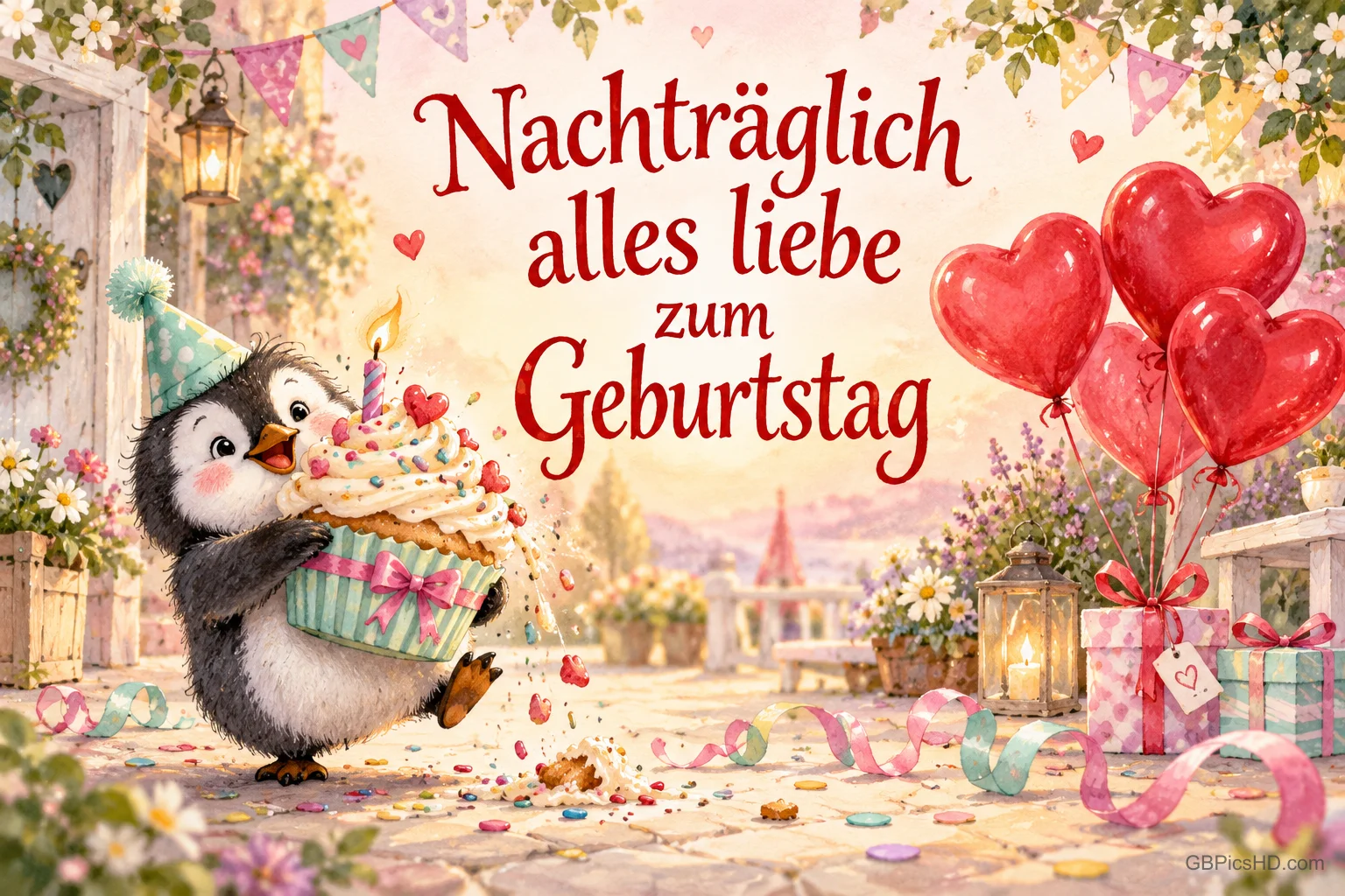 Ein Pinguin trägt einen großen Cupcake neben roten Herzballons mit dem Text "Nachträglich alles Liebe zum Geburtstag". Ein Pinguin trägt einen großen Cupcake neben roten Herzballons mit dem Text "Nachträglich alles Liebe zum Geburtstag".