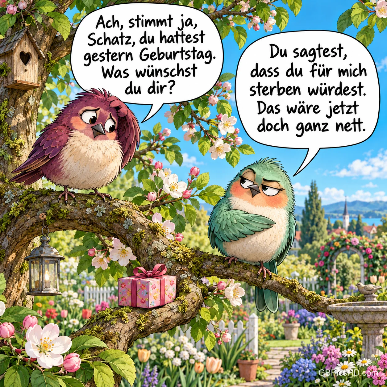 Zwei Vögel sitzen auf einem blühenden Ast; einer fragt "Was wünschst du dir?", der andere antwortet mit bissigem Humor. Zwei Vögel sitzen auf einem blühenden Ast; einer fragt "Was wünschst du dir?", der andere antwortet mit bissigem Humor.