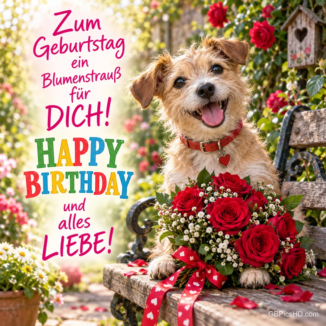 Ein Hund mit rotem Halsband sitzt mit einem Rosenstrauß auf einer Bank neben "Zum Geburtstag ein Blumenstrauß für dich!". Ein Hund mit rotem Halsband sitzt mit einem Rosenstrauß auf einer Bank neben "Zum Geburtstag ein Blumenstrauß für dich!".