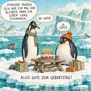 Zwei Pinguine mit Schal und Mütze stehen bei Torte und Geschenken auf einer Eisscholle mit "Alles Gute zum Geburtstag!".