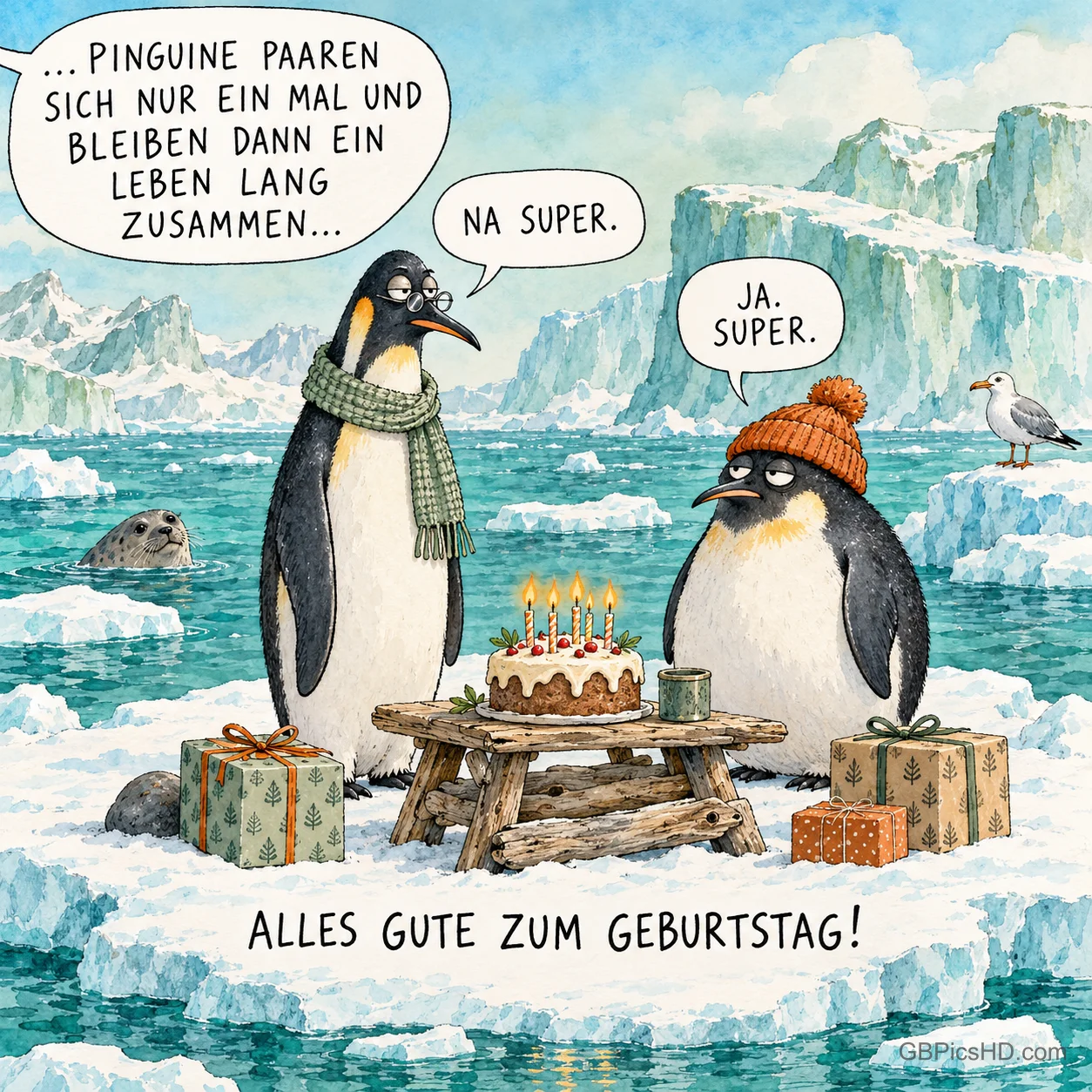 Zwei Pinguine mit Schal und Mütze stehen bei Torte und Geschenken auf einer Eisscholle mit "Alles Gute zum Geburtstag!". Zwei Pinguine mit Schal und Mütze stehen bei Torte und Geschenken auf einer Eisscholle mit "Alles Gute zum Geburtstag!".