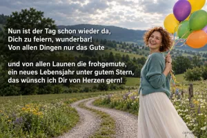 Eine lachende Frau hält bunte Luftballons auf einem Feldweg; daneben steht "Nun ist der Tag schon wieder da".