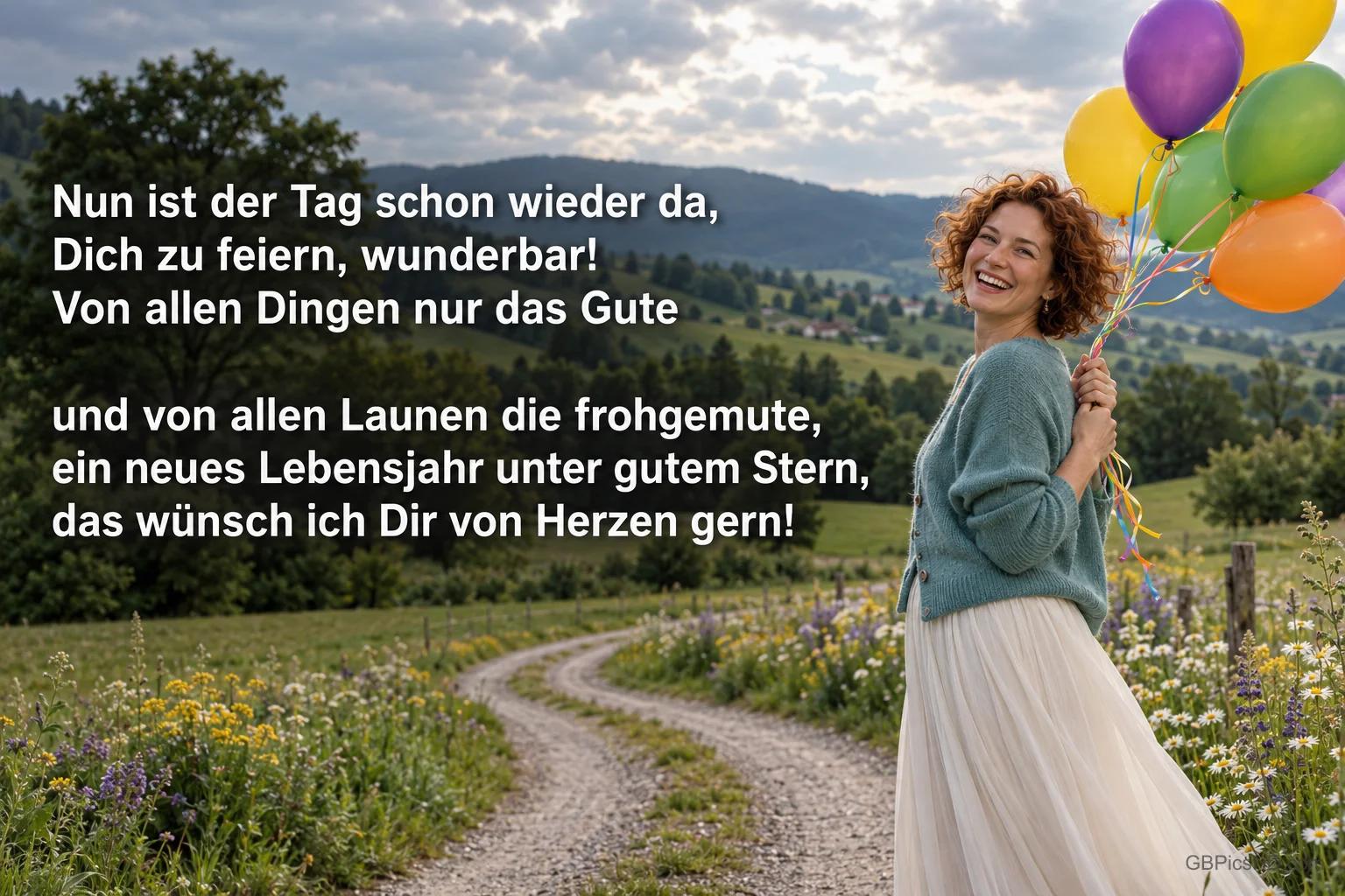 Eine lachende Frau hält bunte Luftballons auf einem Feldweg; daneben steht "Nun ist der Tag schon wieder da".