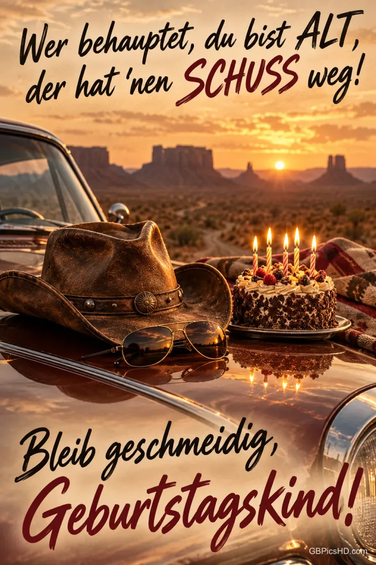 Cowboyhut, Sonnenbrille und Geburtstagstorte liegen auf einer Autohaube vor einer Wüstenkulisse mit "Bleib geschmeidig, Geburtstagskind!".