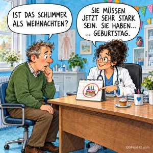 Eine Ärztin sagt einem besorgten Mann in ihrer Praxis: "Sie müssen jetzt sehr stark sein. Sie haben... ...Geburtstag."