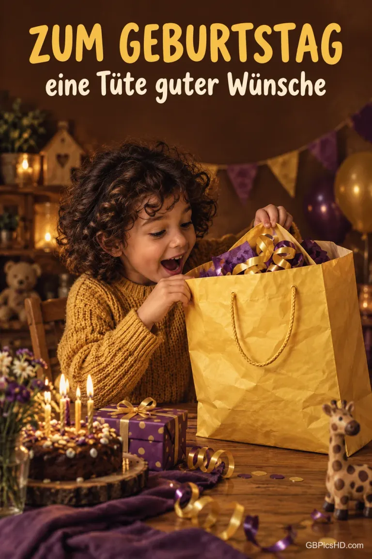 Ein lockiges Kind öffnet eine goldene Geschenktüte neben einer Torte; darüber steht "Zum Geburtstag eine Tüte guter Wünsche".