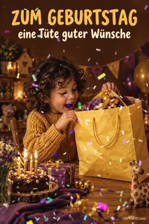 Ein lockiges Kind öffnet eine goldene Geschenktüte neben einer Torte; darüber steht "Zum Geburtstag eine Tüte guter Wünsche". Ein lockiges Kind öffnet eine goldene Geschenktüte neben einer Torte; darüber steht "Zum Geburtstag eine Tüte guter Wünsche".