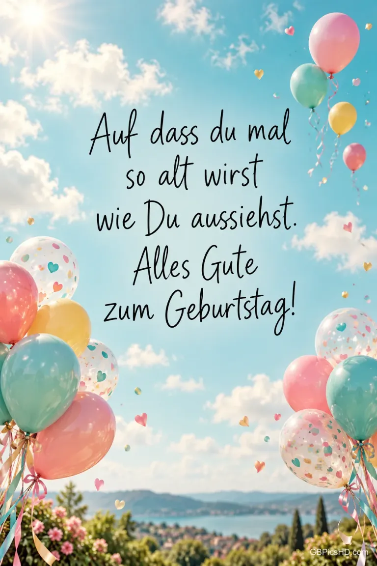 Bunte Ballons vor blauem Himmel mit "Auf dass du mal so alt wirst wie Du aussiehst. Alles Gute zum Geburtstag!".
