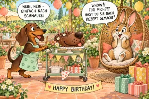 Ein Hund bringt eine Torte in Hundeform zu einem überraschten Hasen im Hängesessel und sagt: "Einfach nach Schnauze!".