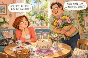 Ein Mann schenkt einer Frau am Geburtstagstisch Blumen; sie fragt: "Ach, bist du jetzt auch bei Facebook?".