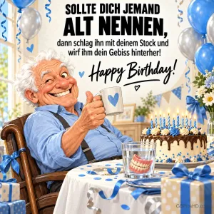 Ein lachender älterer Mann hebt am Geburtstagstisch seine Tasse neben Torte und Gebiss im Glas: "Happy Birthday!".