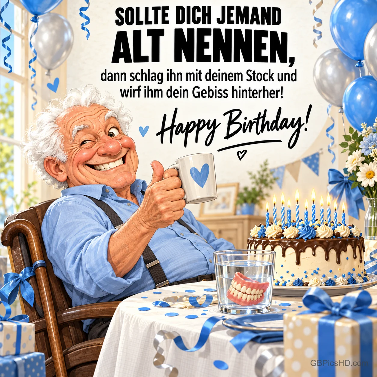 Ein lachender älterer Mann hebt am Geburtstagstisch seine Tasse neben Torte und Gebiss im Glas: "Happy Birthday!".