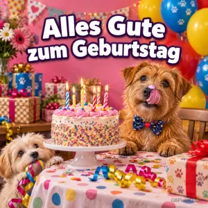 Zwei Hunde sitzen bei einer bunten Geburtstagstorte, Geschenken und Luftballons; darüber steht "Alles Gute zum Geburtstag".