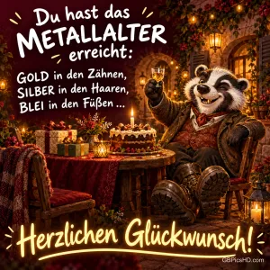 Ein festlich gekleideter Dachs hebt im Kerzenschein sein Glas neben Torte und Geschenken: "Herzlichen Glückwunsch!".