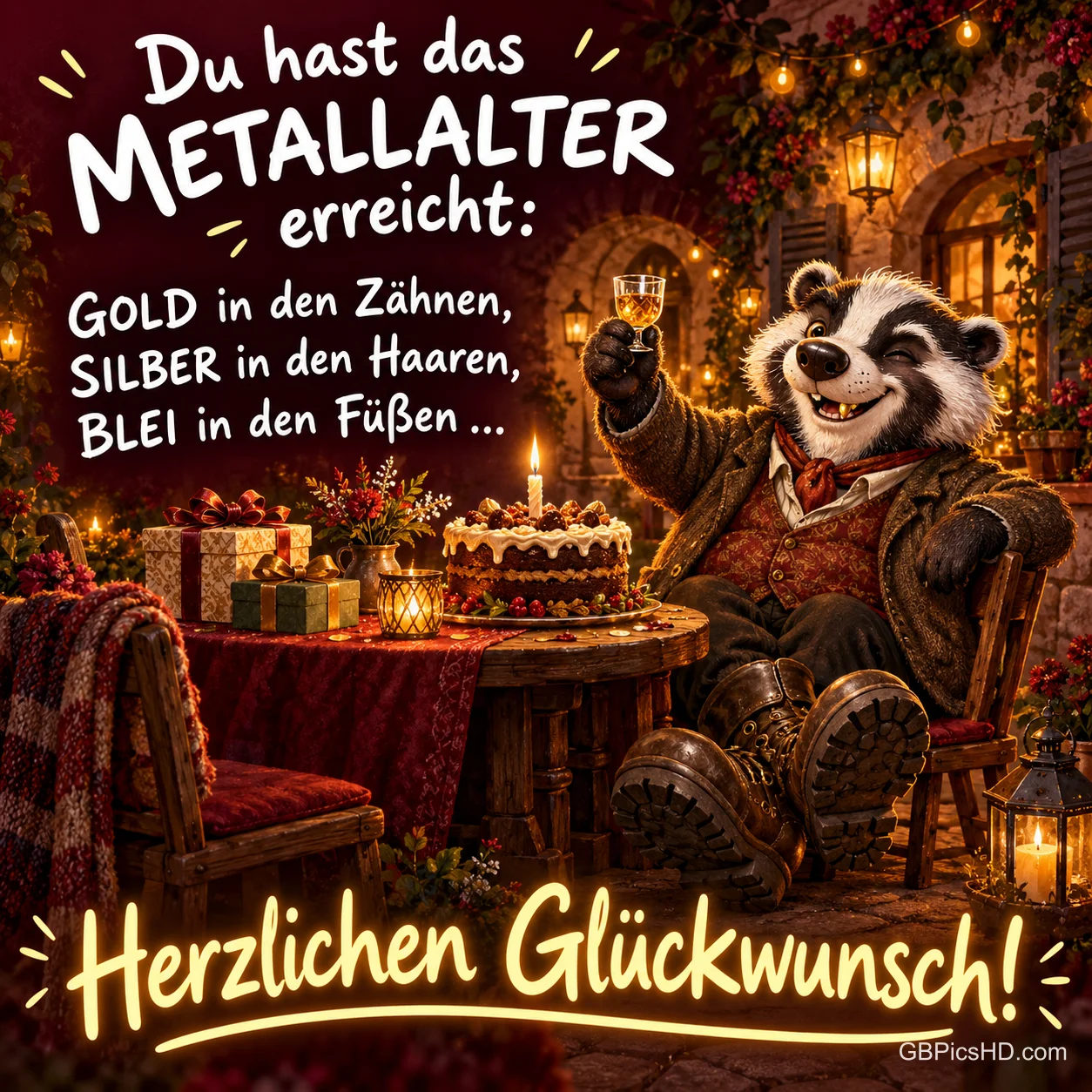 Ein festlich gekleideter Dachs hebt im Kerzenschein sein Glas neben Torte und Geschenken: "Herzlichen Glückwunsch!".