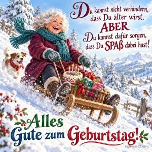 Eine lachende Frau fährt mit Hund, Geburtstagstorte und Geschenken Schlitten im Schnee: "Alles Gute zum Geburtstag!"