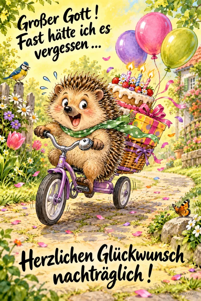 Ein Igel fährt mit Torte, Geschenken und Ballons auf einem lila Dreirad: "Herzlichen Glückwunsch nachträglich!"
