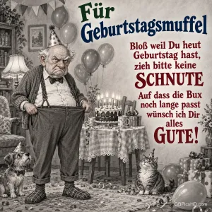 Ein mürrischer Mann mit Partyhut hält seine weite Hose neben einer Torte; Hund und Katze sitzen davor: "Für Geburtstagsmuffel".