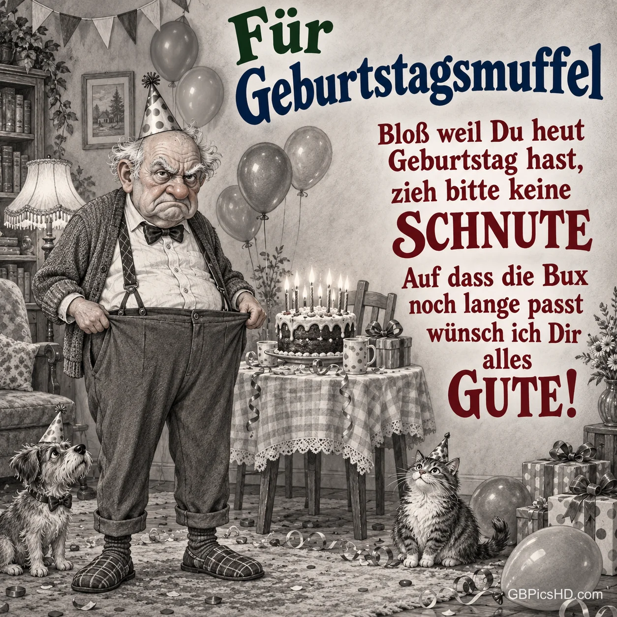 Ein mürrischer Mann mit Partyhut hält seine weite Hose neben einer Torte; Hund und Katze sitzen davor: "Für Geburtstagsmuffel".