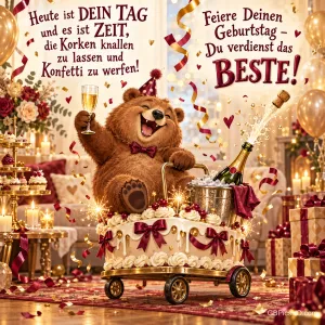 Ein Bär hebt ein Sektglas auf einem Tortenwagen, umgeben von Konfetti und Geschenken: "Du verdienst das BESTE!"